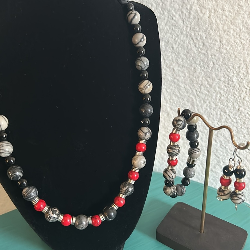 Artisan Handcrafted Semi-Precious Mixed Stone Necklace Bracelet Earrings Set